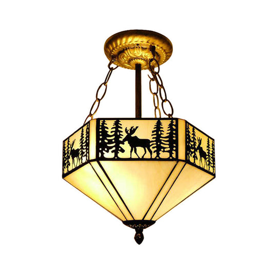 Rustic American Forest Deer Glass Ceiling Lamp - 11"/18"/22" Wide Semi Flush Mount Light in Beige