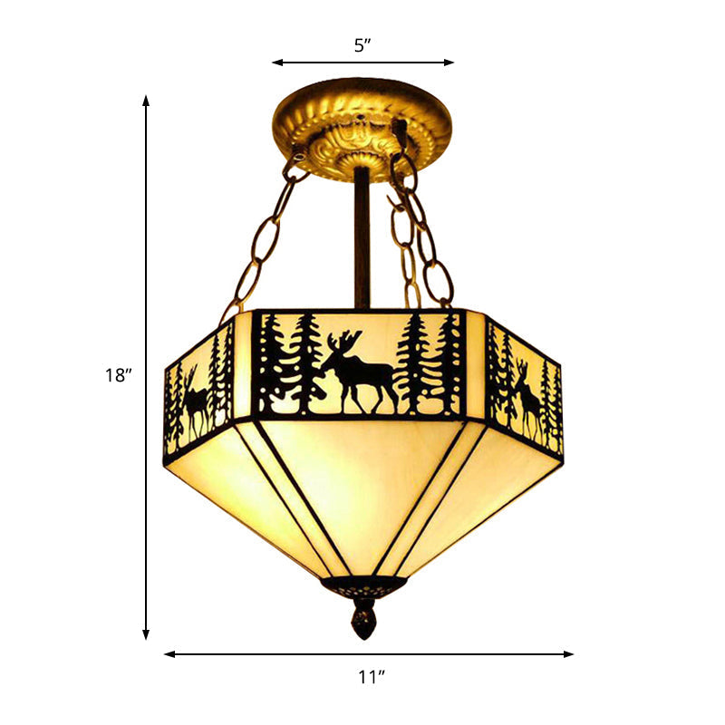 Rustic American Forest Deer Glass Ceiling Lamp - 11"/18"/22" Wide Semi Flush Mount Light in Beige