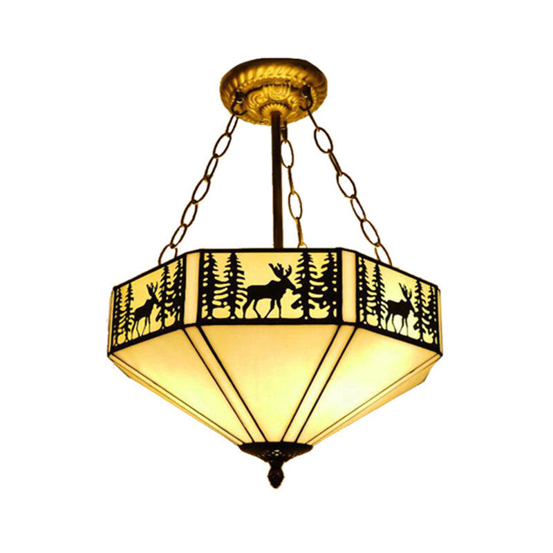 Rustic American Forest Deer Glass Ceiling Lamp - 11"/18"/22" Wide Semi Flush Mount Light in Beige