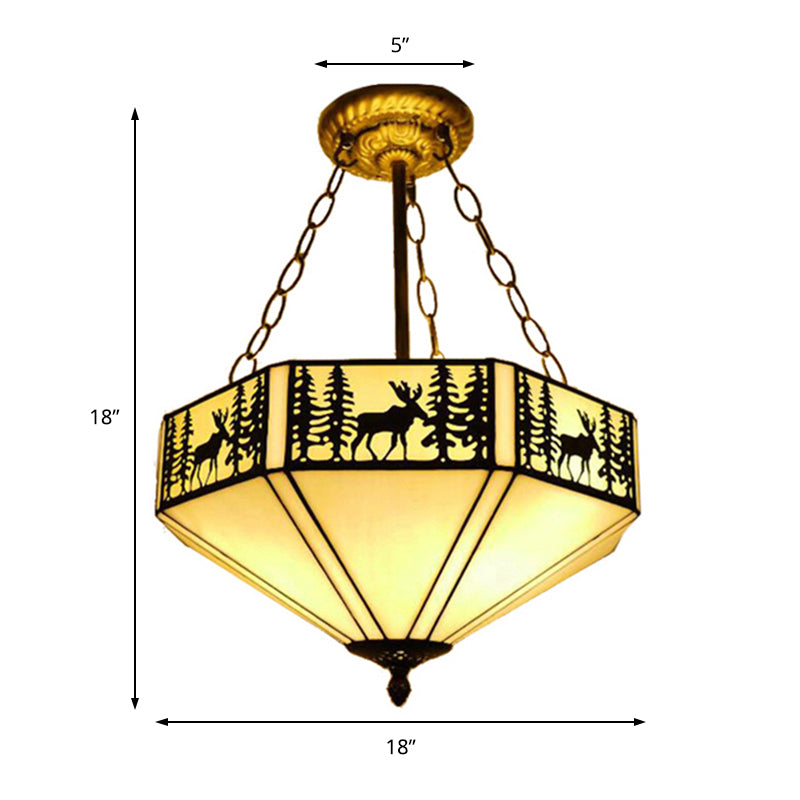 Rustic American Forest Deer Glass Ceiling Lamp - 11"/18"/22" Wide Semi Flush Mount Light in Beige