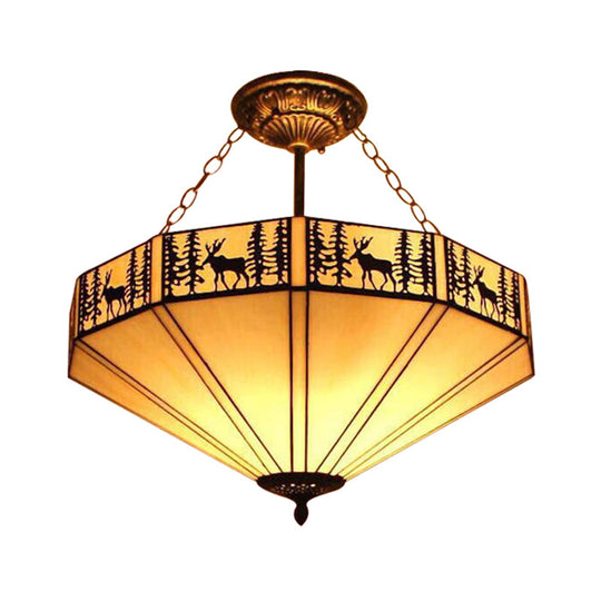 Rustic American Forest Deer Glass Ceiling Lamp - 11"/18"/22" Wide Semi Flush Mount Light in Beige