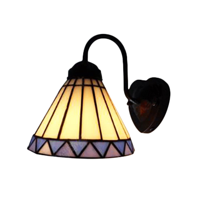 Blue-White Tiffany Glass Cone Wall Light: Elegant Bedroom Sconce Fixture