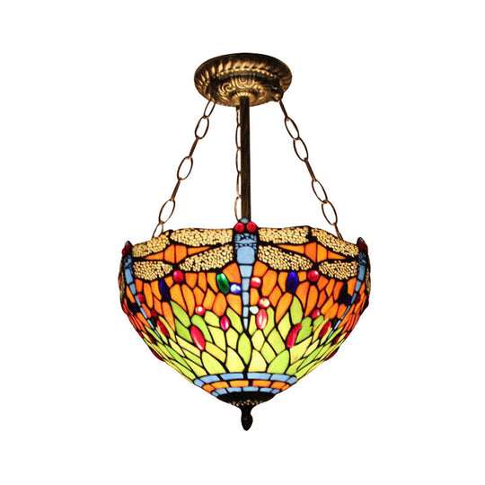 Dragonfly Stained Glass Ceiling Light - Rustic Tiffany Inverted Semi Flush Lamp (12"/16" Wide, Orange)