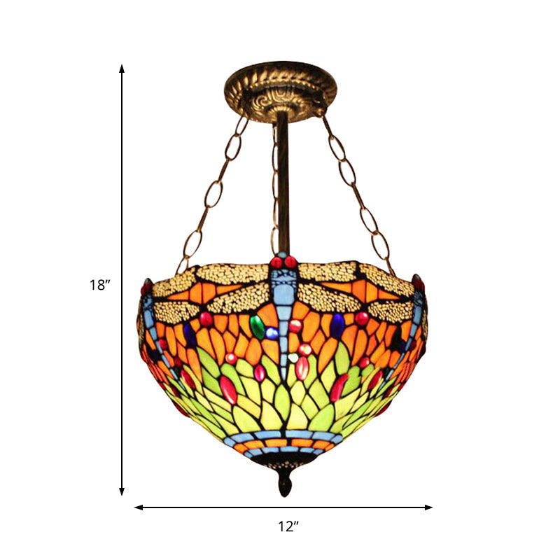 Dragonfly Stained Glass Ceiling Light - Rustic Tiffany Inverted Semi Flush Lamp (12"/16" Wide, Orange)