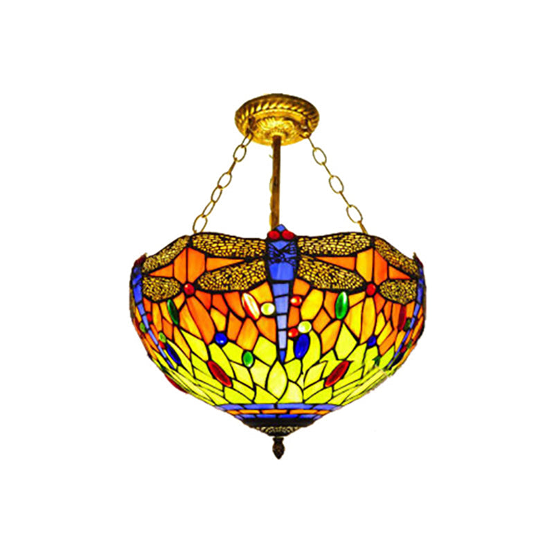 Dragonfly Stained Glass Ceiling Light - Rustic Tiffany Inverted Semi Flush Lamp (12"/16" Wide, Orange)