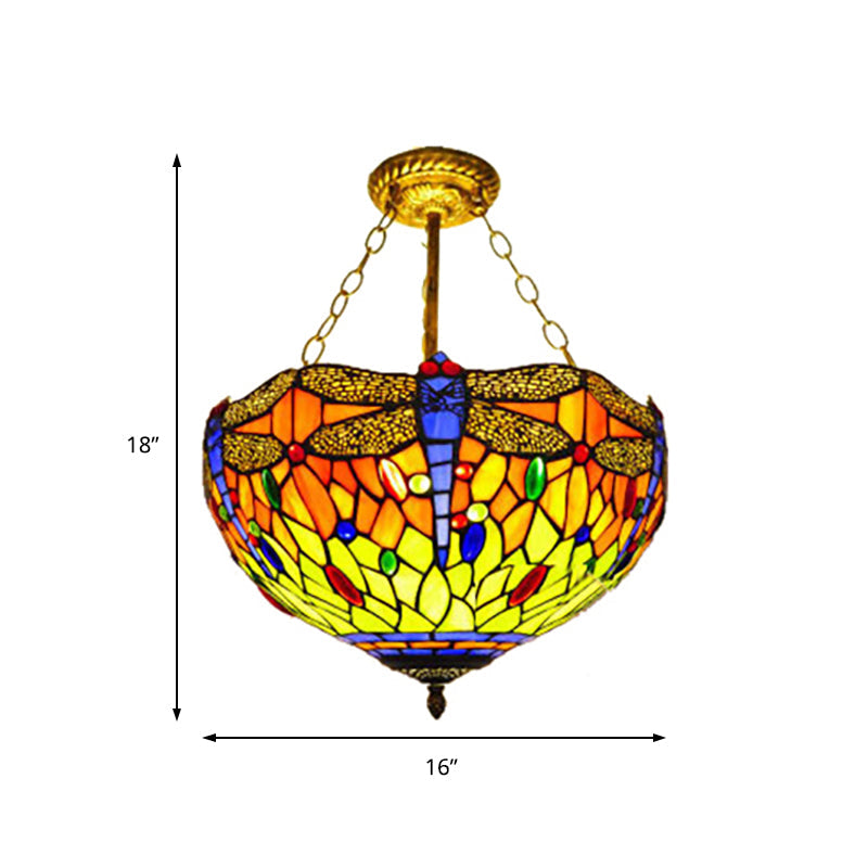 Dragonfly Stained Glass Ceiling Light - Rustic Tiffany Inverted Semi Flush Lamp (12"/16" Wide, Orange)