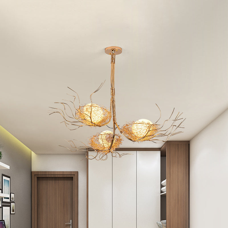 Contemporary Gold Metal Chandelier With Branch Design And 3 Nest & Egg Lights For Study Room