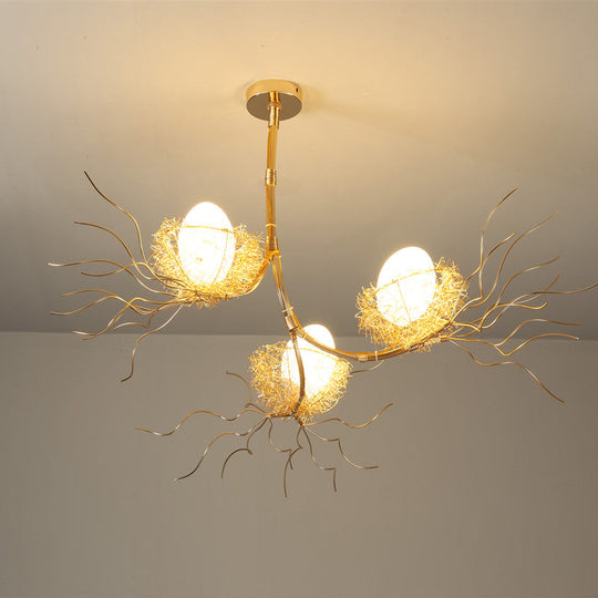 Contemporary Gold Metal Chandelier With Branch Design And 3 Nest & Egg Lights For Study Room