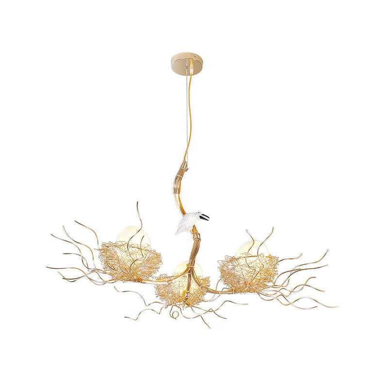 Kids Gold Chandelier - Cafe Thin Branch Pendant Lighting With Egg & Bird Accents 3 Metal Lights