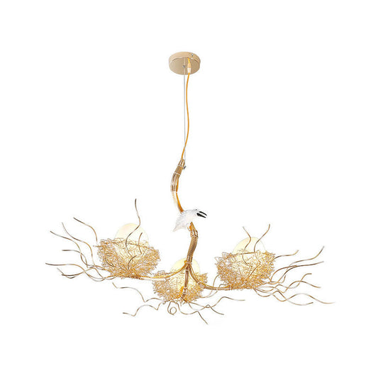 Kids Gold Chandelier - Cafe Thin Branch Pendant Lighting With Egg & Bird Accents 3 Metal Lights