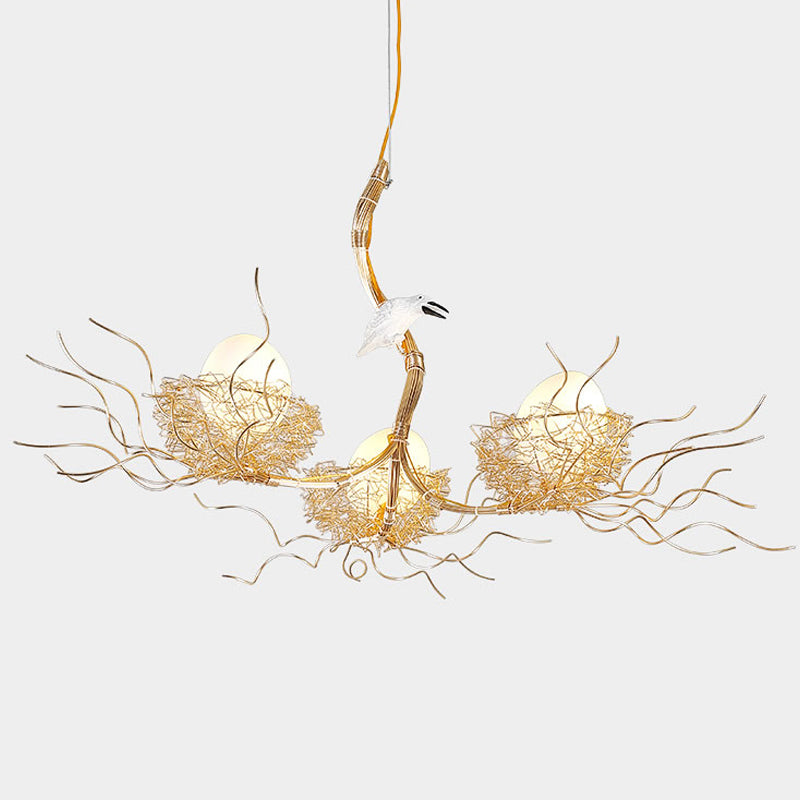 Kids Gold Chandelier - Cafe Thin Branch Pendant Lighting With Egg & Bird Accents 3 Metal Lights