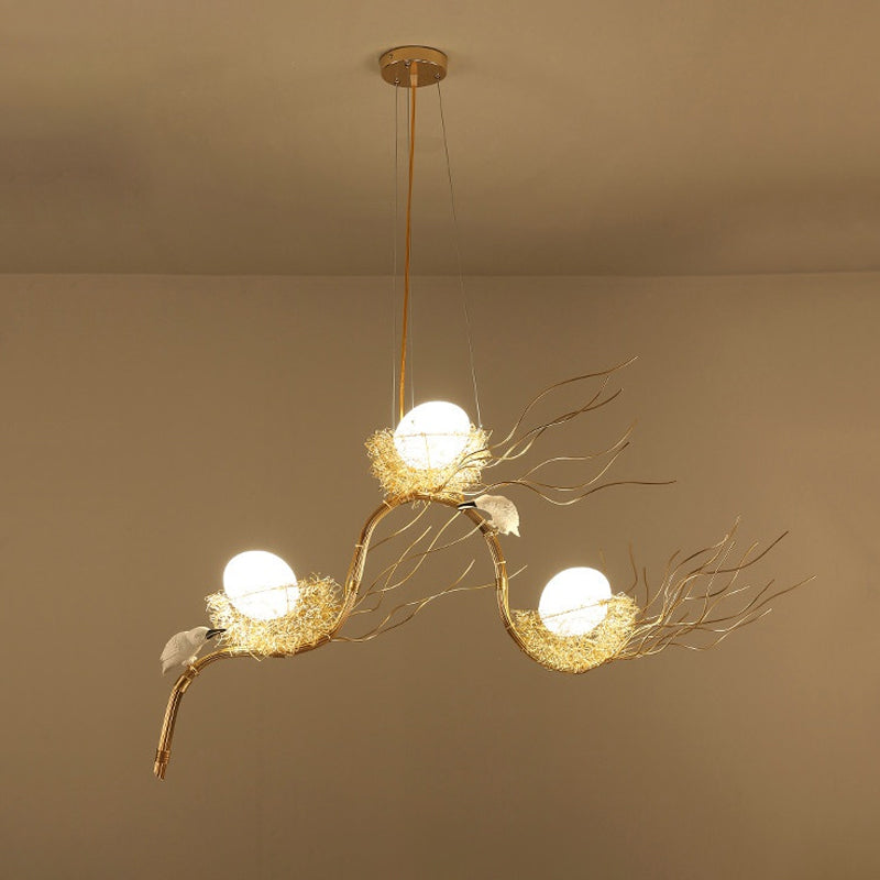 Kids Gold Chandelier - Cafe Thin Branch Pendant Lighting With Egg & Bird Accents 3 Metal Lights