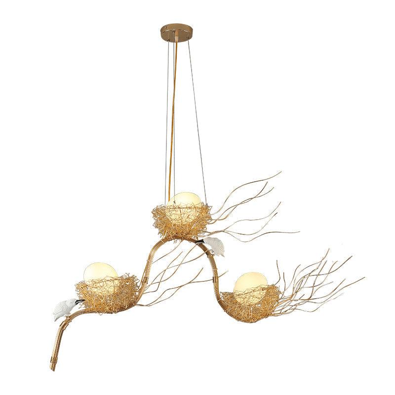 Kids Gold Chandelier - Cafe Thin Branch Pendant Lighting With Egg & Bird Accents 3 Metal Lights