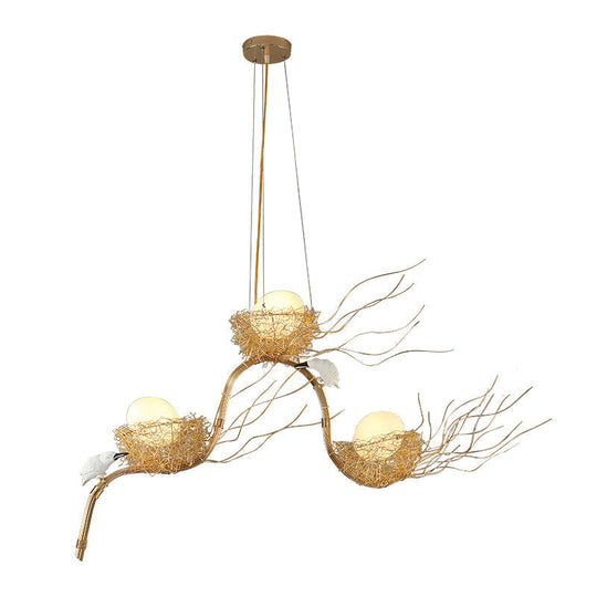 Kids Gold Chandelier - Cafe Thin Branch Pendant Lighting With Egg & Bird Accents 3 Metal Lights