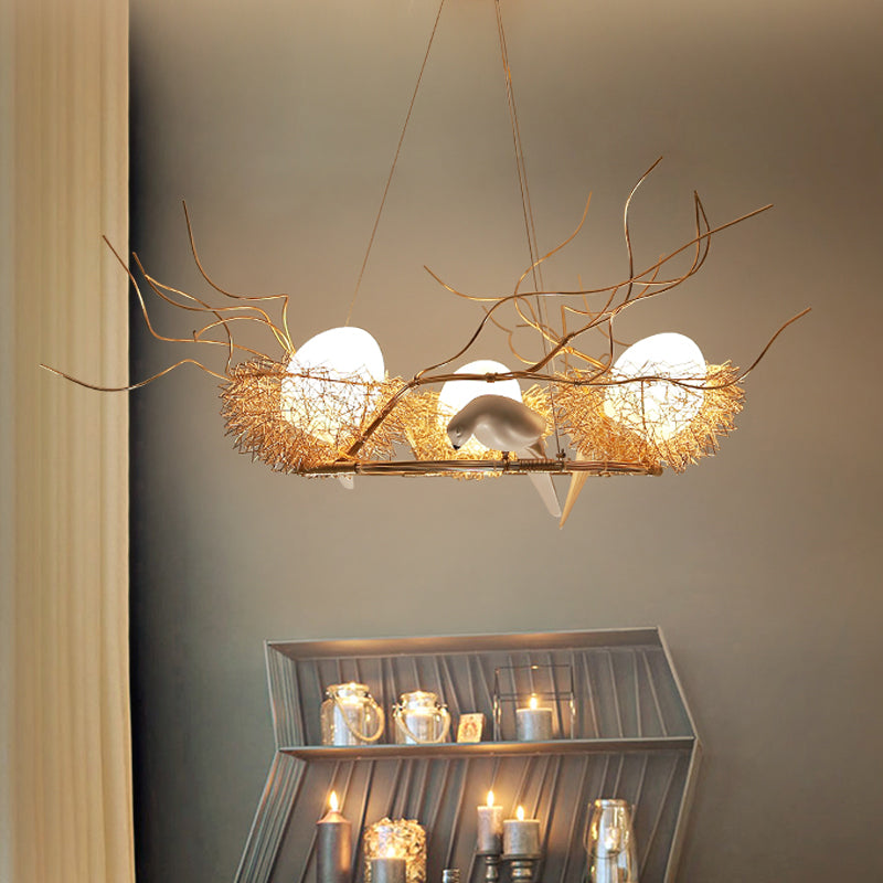 3-Light Circle Nest Chandelier With Bird & Egg In Gold - Elegant Metal Pendant Light For Cafe