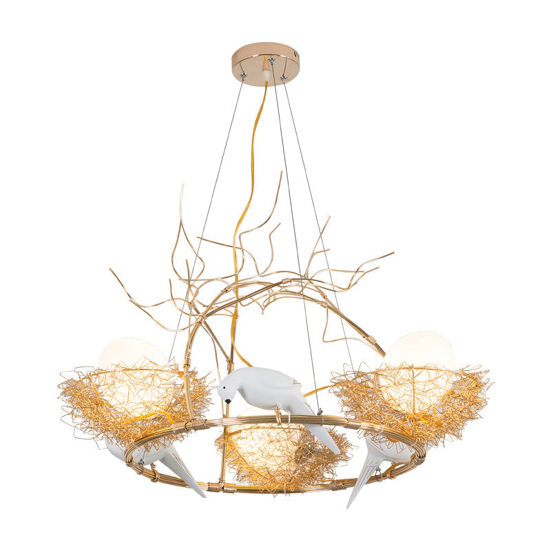 3-Light Circle Nest Chandelier With Bird & Egg In Gold - Elegant Metal Pendant Light For Cafe