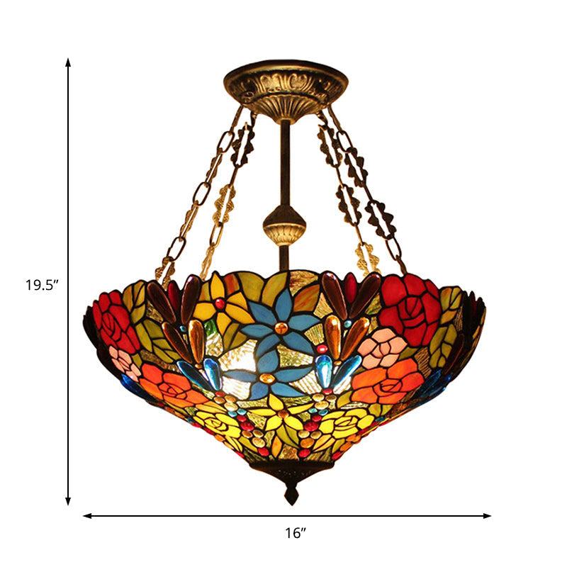 Tiffany Rustic Dragonfly Semi Flush Mount Ceiling Lamp in Antique Brass - Hotel-Grade Stained Glass Lighting