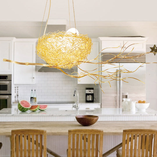 Childrens Gold Pendant Light Chandelier With Bird Nest & Egg For Balcony Or Hallway