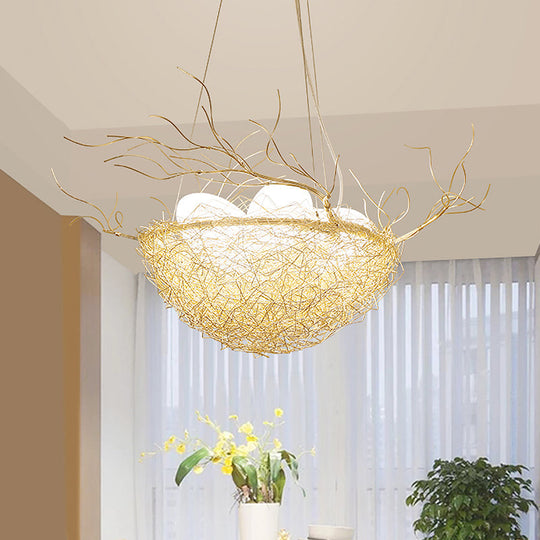 Childrens Gold Pendant Light Chandelier With Bird Nest & Egg For Balcony Or Hallway / B