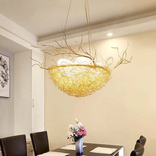 Childrens Gold Pendant Light Chandelier With Bird Nest & Egg For Balcony Or Hallway