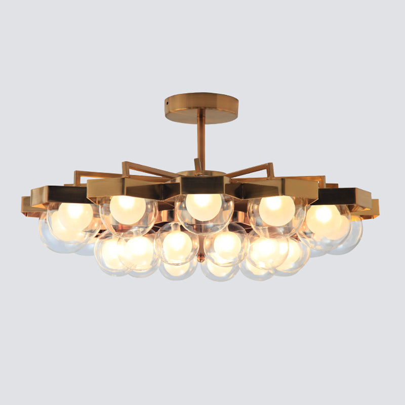 Gold Metallic Flower Chandelier - Elegant Living Room Hanging Light With Globe Shade (24 Lights)