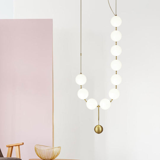 Gold Milk Glass Chandelier With Necklace-Shaped Dining Table Design - 10 Lights Simple Hanging Light