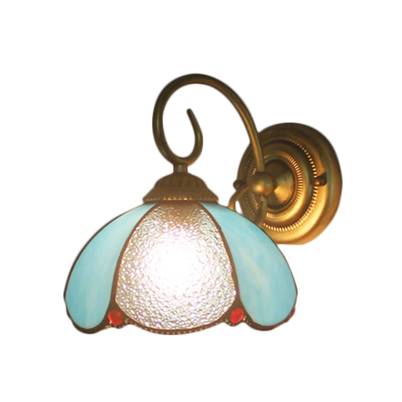 Tiffany Petal Sconce Light With Curved Arm Blue Glass Wall - Ideal For Study Room