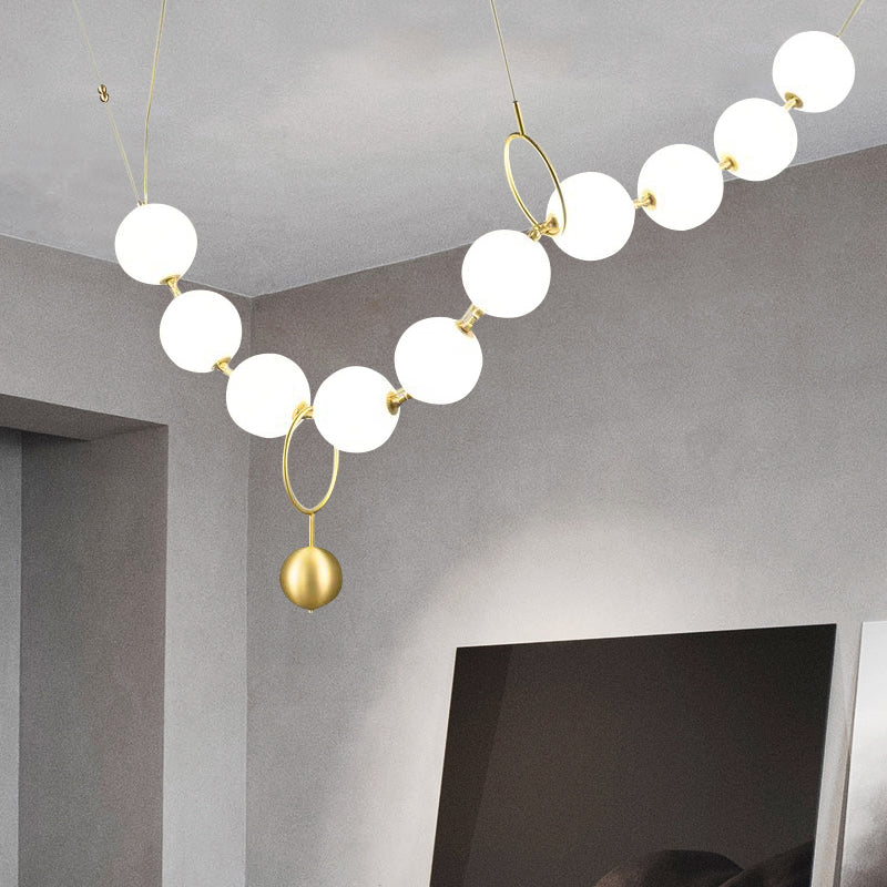 Gold Milk Glass Chandelier With Necklace-Shaped Dining Table Design - 10 Lights Simple Hanging Light