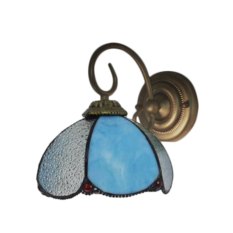 Tiffany Petal Sconce Light With Curved Arm Blue Glass Wall - Ideal For Study Room