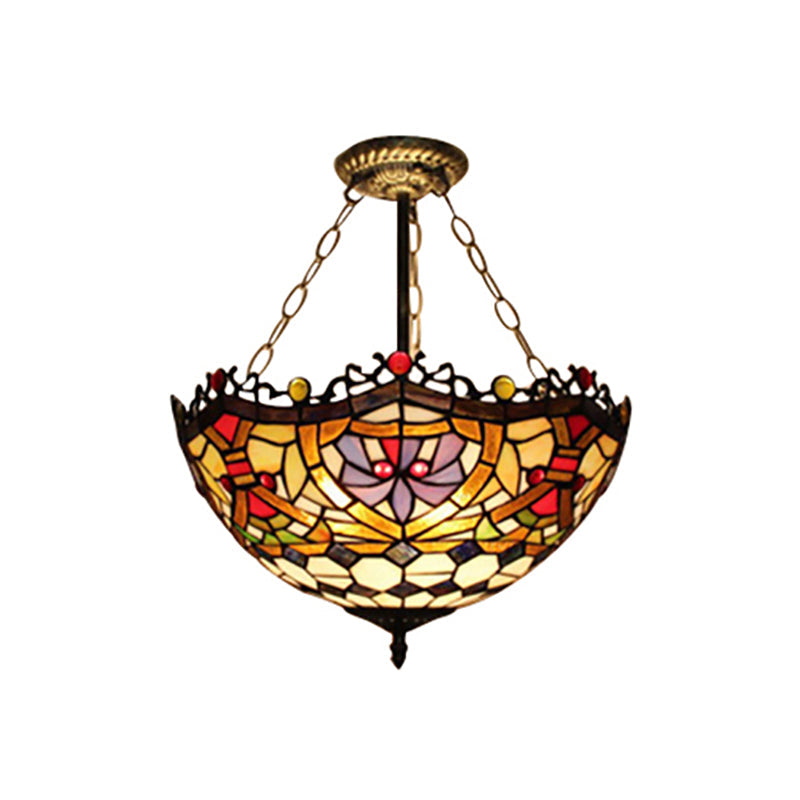 Orange-Purple Stained Glass Semi Flush Ceiling Light - Tiffany Victorian Design for Dining Room