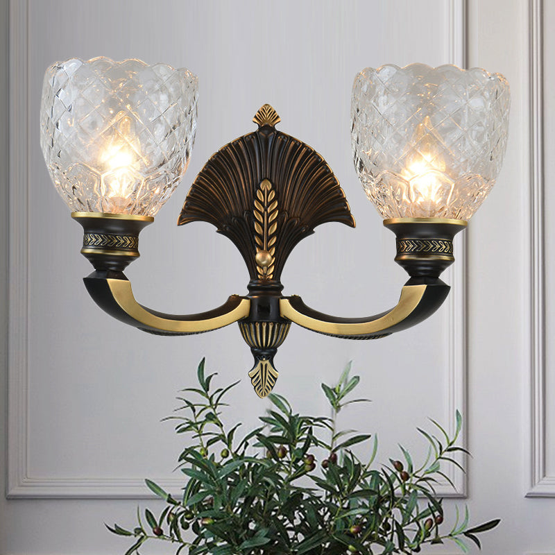 Vintage Dome Brass Wall Sconce With Curved Arm - 1/2-Light Clear Glass Fixture For Study Room