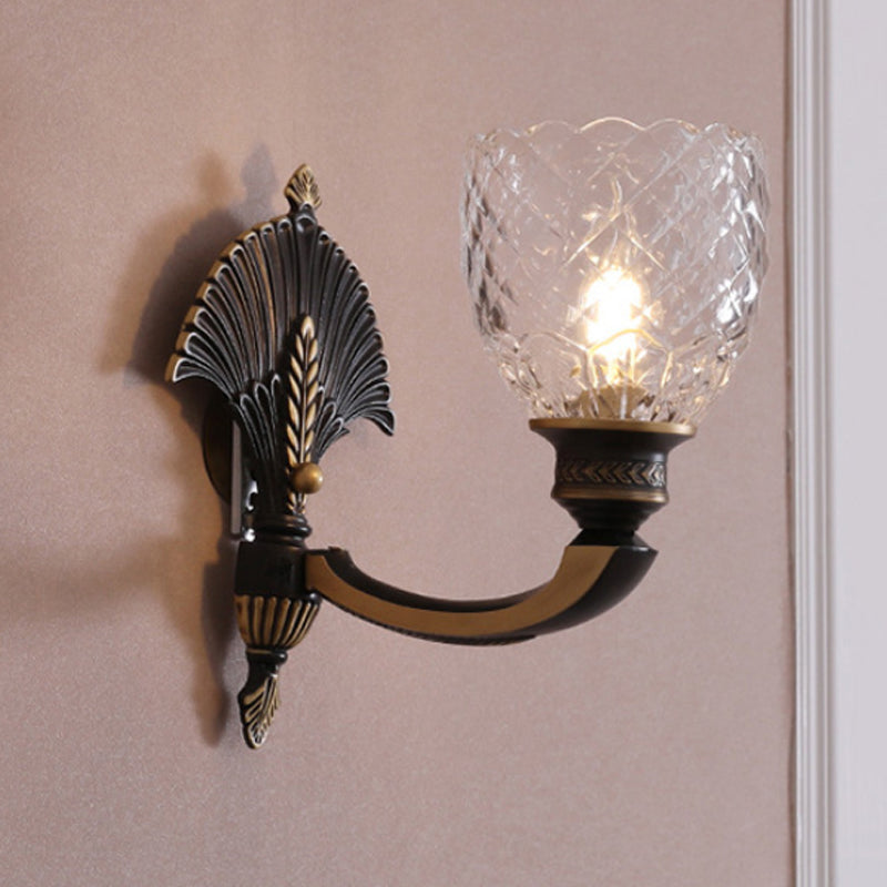 Vintage Dome Brass Wall Sconce With Curved Arm - 1/2-Light Clear Glass Fixture For Study Room 1 /