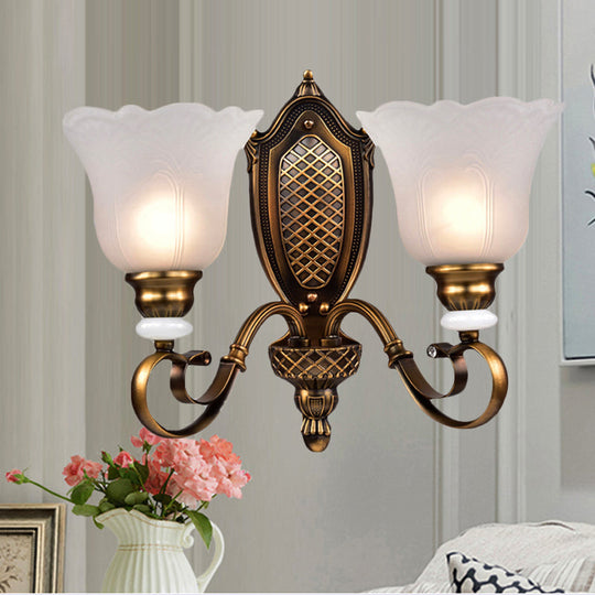 Retro Floral Sconce Light: 1/2-Light Vintage White Glass Wall Fixture With Metal Curved Arm In