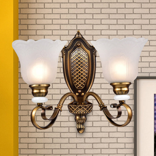 Retro Floral Sconce Light: 1/2-Light Vintage White Glass Wall Fixture With Metal Curved Arm In