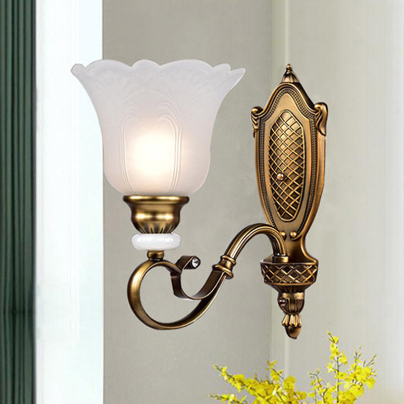 Retro Floral Sconce Light: 1/2-Light Vintage White Glass Wall Fixture With Metal Curved Arm In