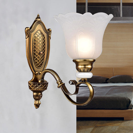 Retro Floral Sconce Light: 1/2-Light Vintage White Glass Wall Fixture With Metal Curved Arm In