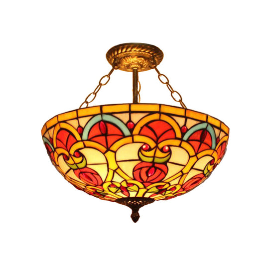 Tiffany Baroque Bowl Ceiling Light: Stained Glass Inverted Semi Flush Mount In Green/Red For Villas