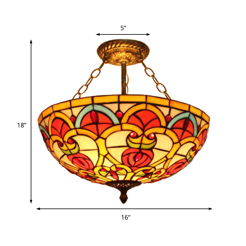 Tiffany Baroque Bowl Ceiling Light: Stained Glass Inverted Semi Flush Mount In Green/Red For Villas