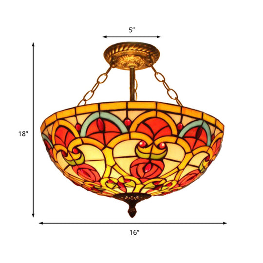 Tiffany Baroque Bowl Ceiling Light: Stained Glass Inverted Semi Flush Mount In Green/Red For Villas