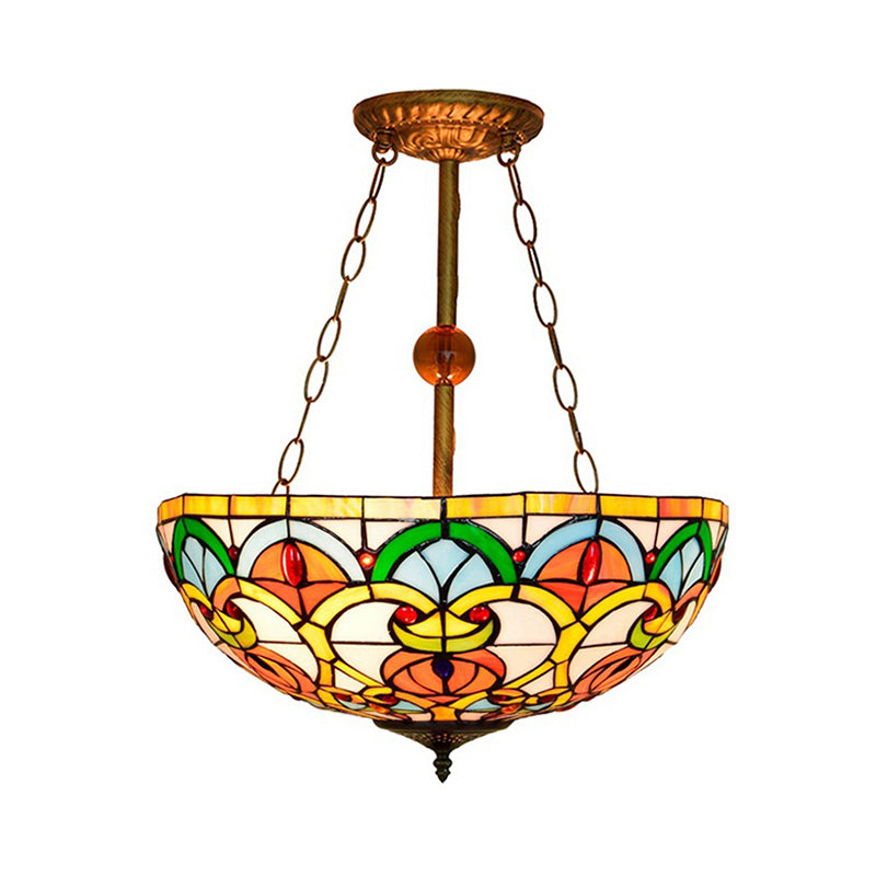 Tiffany Baroque Bowl Stained Glass Ceiling Light - Green/Red Semi Flush Mount for Villas