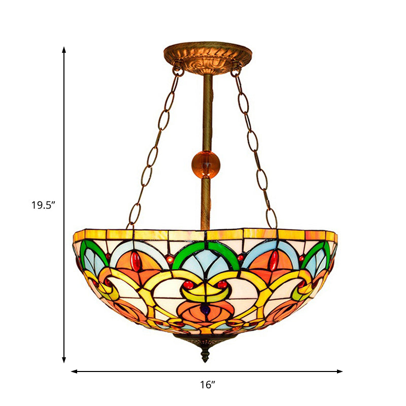 Tiffany Baroque Bowl Ceiling Light: Stained Glass Inverted Semi Flush Mount In Green/Red For Villas