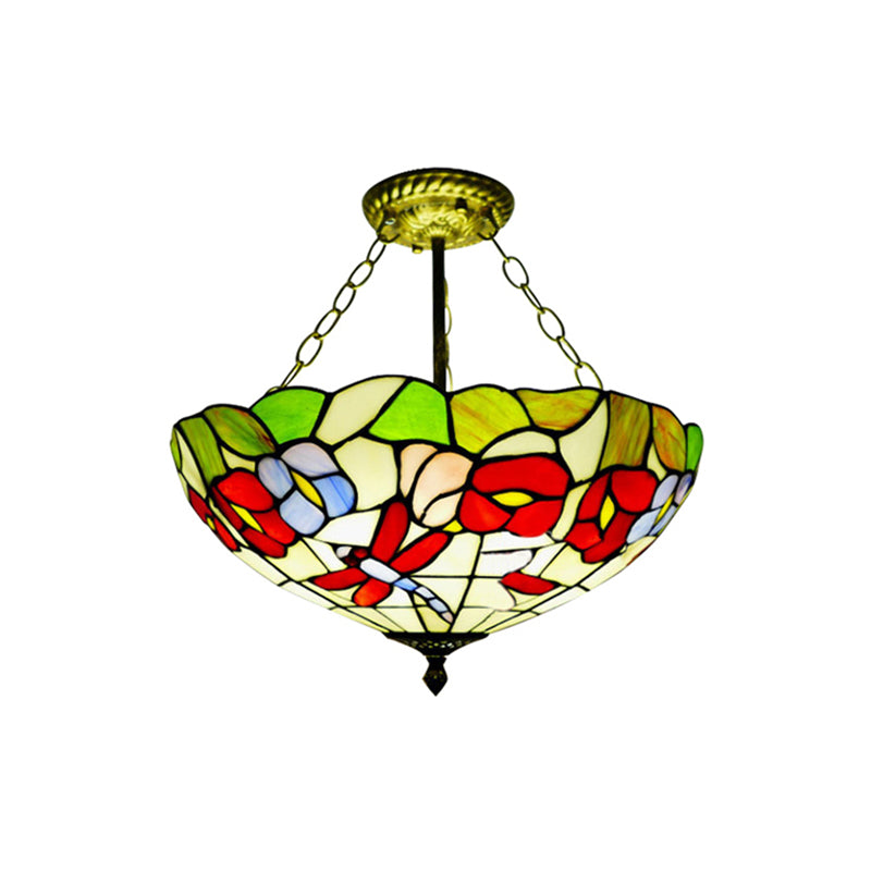 Semi-Flush Mount Dragonfly Ceiling Light - Colorful Blossom Design, Perfect for Kitchen - Traditional Tiffany Style