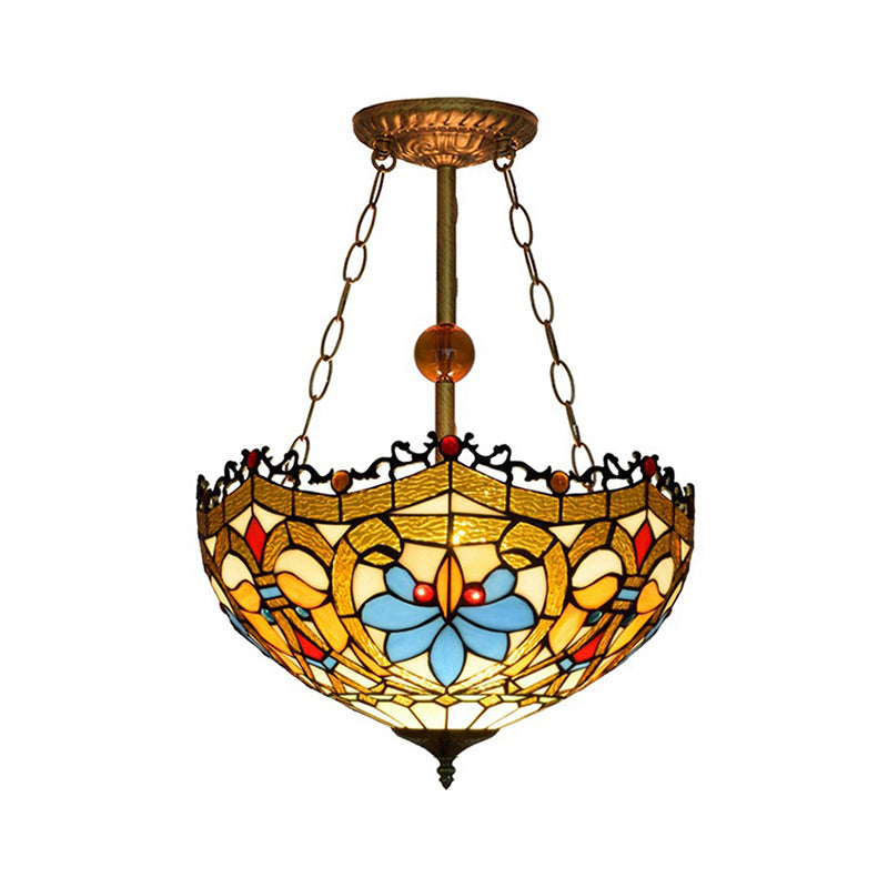 Victorian Tiffany Glass Bowl Ceiling Light - Yellow Semi Flush Lamp for Restaurants