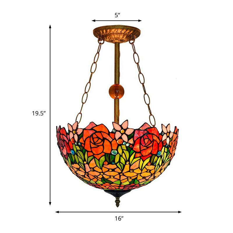 Rustic Blossom Tiffany Ceiling Lamp - Stained Glass Inverted Semi Flush Light In Orange-Red