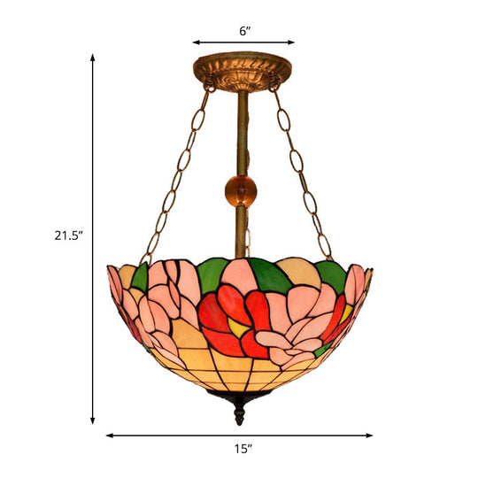 Blossom Tiffany Antique Stained Glass Ceiling Fixture - Inverted Semi Flush Mount Light with Flower/Morning Glory Pattern