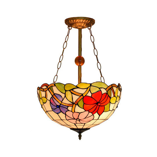 Blossom Tiffany Antique Stained Glass Ceiling Fixture - Inverted Semi Flush Mount Light with Flower/Morning Glory Pattern