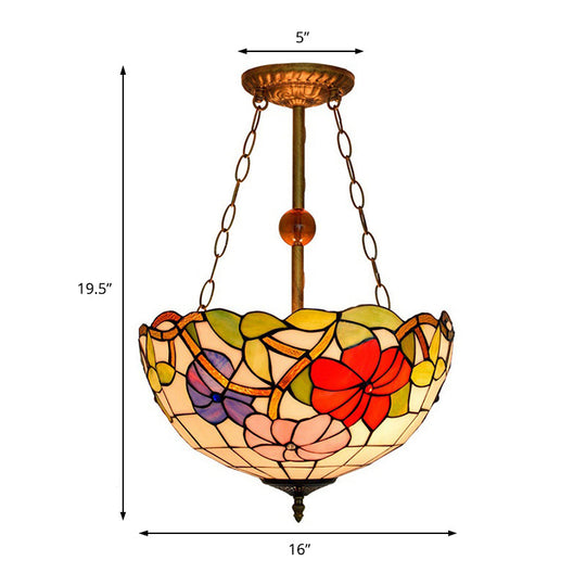 Blossom Tiffany Antique Stained Glass Ceiling Fixture - Inverted Semi Flush Mount Light with Flower/Morning Glory Pattern