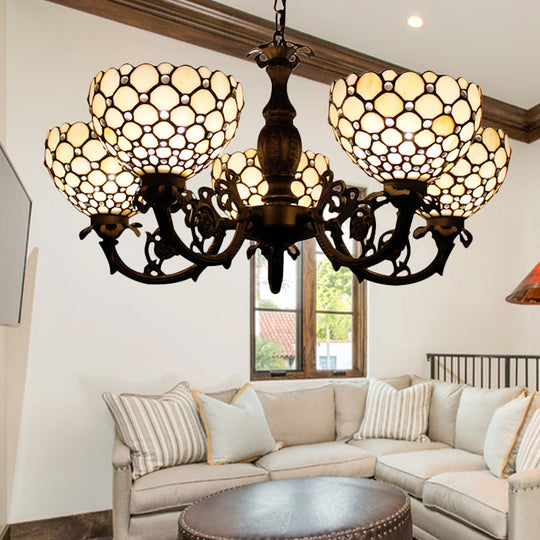 Beaded Glass Metal Chandelier: Traditional Living Room Hanging Light In Beige/Orange Orange