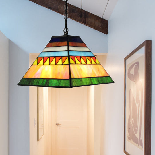 Stained Glass Tiffany-Style Single Bulb Pyramid Pendant Light In Orange/Yellow For Hallway