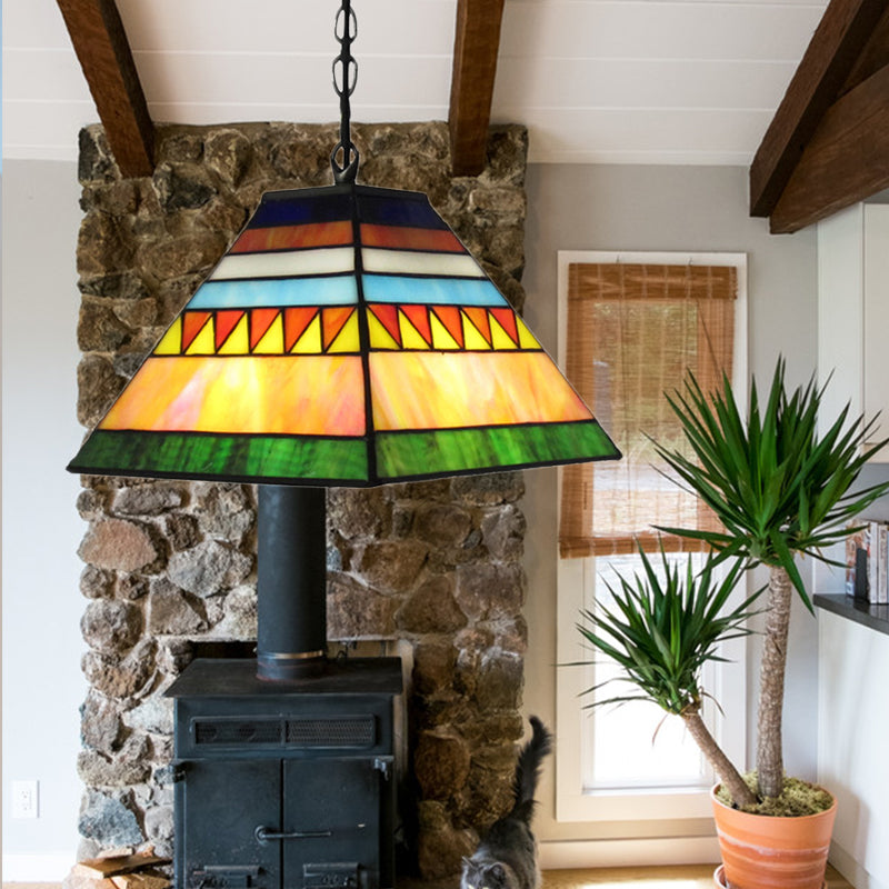 Stained Glass Pyramid Pendant Light - Tiffany-Style Hanging Lamp in a Vibrant Orange/Yellow Hue for Hallways